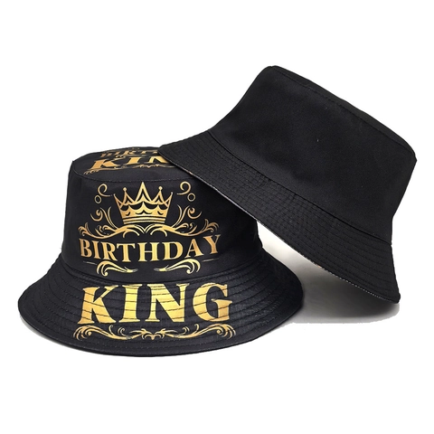 Cappello Alla Pescatora Birthday King Double Face Stampa Corona Oro Protezione Solare Traspirante Poliestere Per Festa Nero