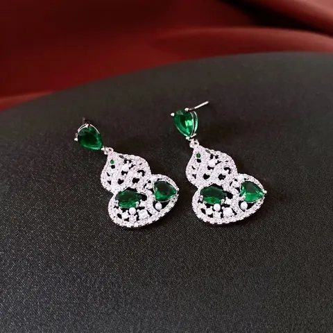 Vintage Wulu Gourd Earrings With 925 Sterling Silver Earring Post Zirconia Inlaid Emerald Retro Chinese Style Jewelry
