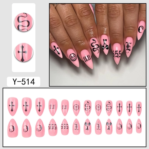 Pinke Gothic Press On Nägel Stiletto Lang Kreuz Schlange Totenkopf Smiley Totem Muster Künstliche Fingernägel