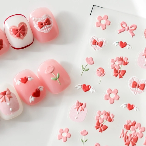 Adesivi Unghie 5D Rilievo 3D Design Cuore Fiocco Fiori Decorazione Manicure DIY Autoadesivi PET Decalcomanie