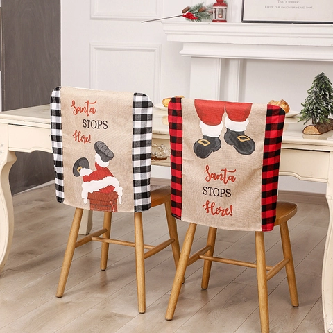 Weihnachts Stuhlbezüge Leinen Karomuster Weihnachtsmann Druck Für Küche Esszimmer Feiertags Dekoration