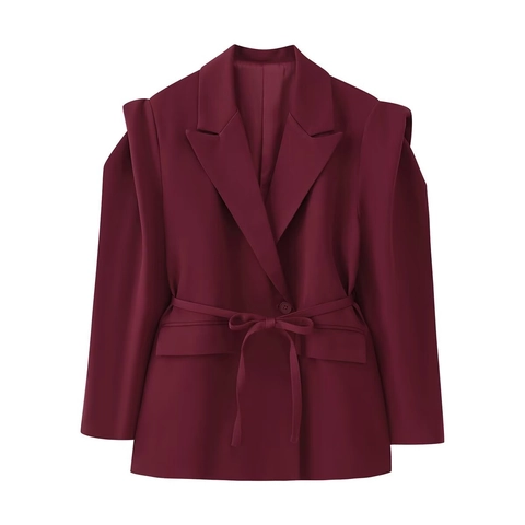 Giacca Blazer da Donna Elegante Slim Fit con Lacci in Vita Spalla Imbottita Collo a Revers Media Lunghezza Cappotto in Poliestere per Ufficio