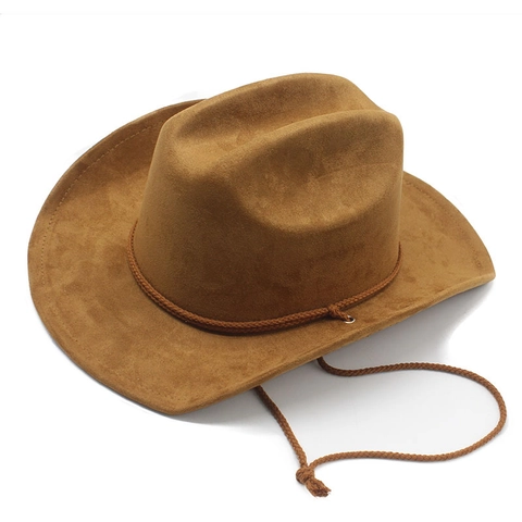 Western Cowboy Hat Faux Suede Vintage Wide Brim Braided Decor Adjustable Wind Rope Outdoor Jazz Hat For Men Women