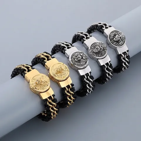 Men's Punk Vintage Wolf Lion Head Magnetic Buckle Stainless Steel Woven Leather Bracelet Hip Hop Animal Bangle Jewelry Gift