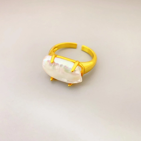 Vintage Gold Plated Copper Open Ring For Women With Natural Baroque Freshwater Pearl Adjustable Retro Finger Ring Jewelry