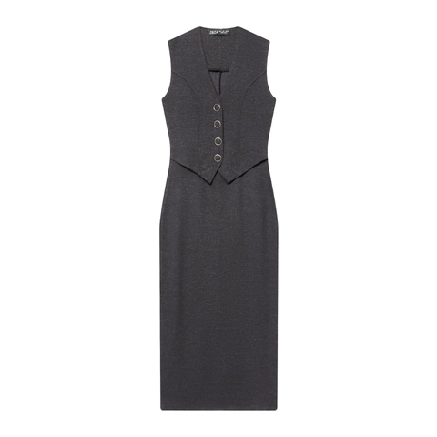 Women Sleeveless V-Neck Midi Dress Textured Polyester Slim Fit Elegant Waistcoat Style With Decorative Buttons