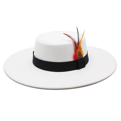 Vintage Flat Top Fedora Hat Wide Brim Cotton Polyester Felt With Colorful Feather Decoration Western Style For Unisex