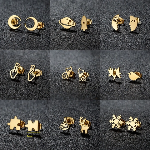 Boucles D'oreilles Puces En Acier Inoxydable Géométriques Coeur Lune Chat Flocon De Neige Bijoux Minimalistes Cadeau Femmes