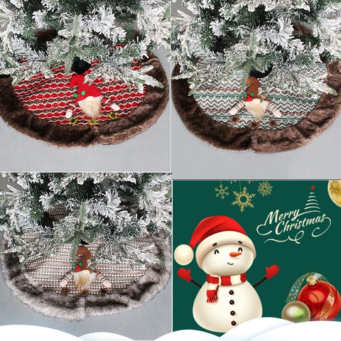Knitted Christmas Tree Skirt With Faux Fur Border 3D Gnome Ornament Round Floor Mat For Holiday Home Party Decoration