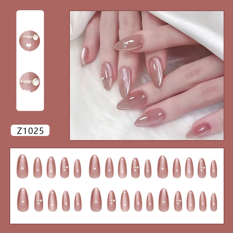 Elegante Press On Nägel Cat Eye Effekt Glänzend ABS Mit Künstliche Perlen Strasssteinen Lange Mandelform Für Damen