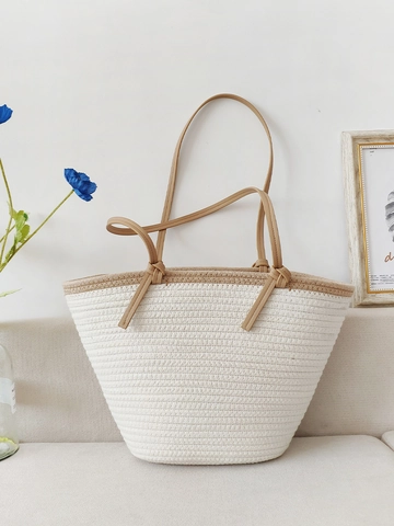 Women Woven Tote Bag Spacious Capacity Cotton Rope Straw Handwoven Beach Vacation Minimalist Contrast Color