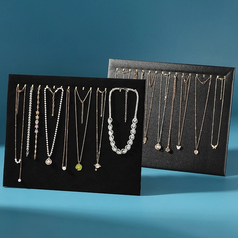 Necklace Display Stand Jewelry Storage Board With Metal Hooks Velvet PU Leather Folding Cardboard Portable Retail Countertop Organizer