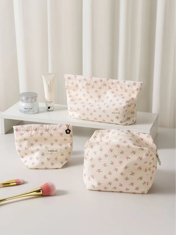 Floral Cosmetic Bag Canvas Makeup Organizer High Capacity Portable Toiletry Pouch Travel Zipper Storage Sweet Print