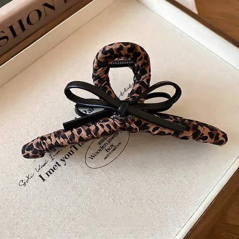 Leopard Muster Stoff Umwickelt Haarklammer Große Haargreifer Mit Kunstleder Schleife Vintage Eleganter Haarschmuck Für Frauen