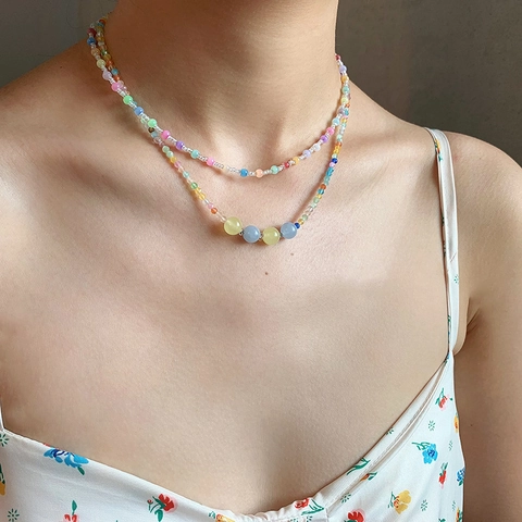 Summer Rainbow Beaded Necklace Colorful Cat Eye Stone Seed Bead Choker For Women Girls Handmade Fashion Jewelry Gift