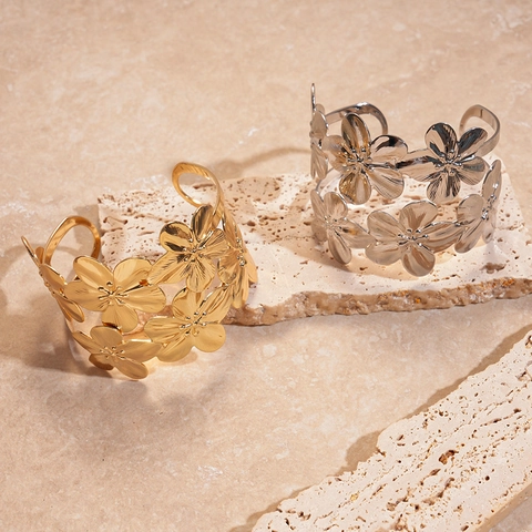 Hollow Flower Open Cuff Bangle Metal Textured Adjustable Personalized Exaggerated Statement Bracelet For Women