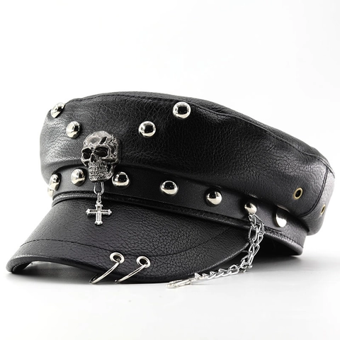 Punk Gothic PU Leren Militaire Hoed Met Klinknagels Schedels En Spinnendecoraties Rock Streetwear Zeemanspet