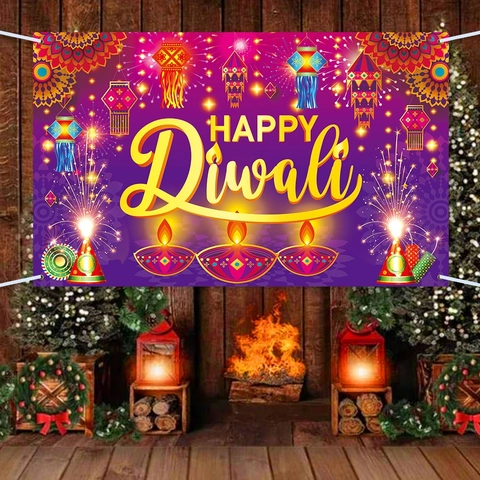 Happy Diwali Hintergrund Banner Polyester Lila Gold Laterne Feuerwerk Dekoration Für Indisches Festival Party Home Innen Wand