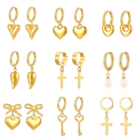 Stainless Steel Hoop Earrings With Dangle Charms Heart Cross Artificial Pearl 18K Gold Plated Fashion Jewelry For Women