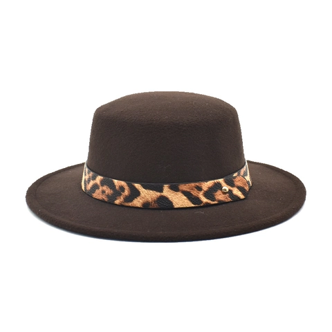 Vintage Flat Top Boater Hat Imitation Wool Felt Jazz Hat With Leopard Print Band Gold Rivet For Men Women