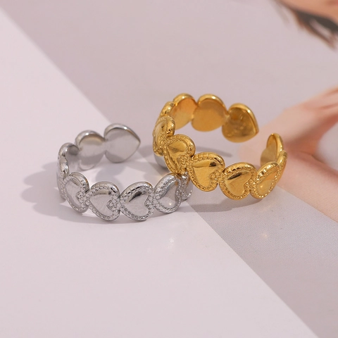 Anillo Abierto De Corazón Acero Inoxidable Bañado En Oro 18K Borde De Cuentas Ajustable Joyería Romántica Mujer