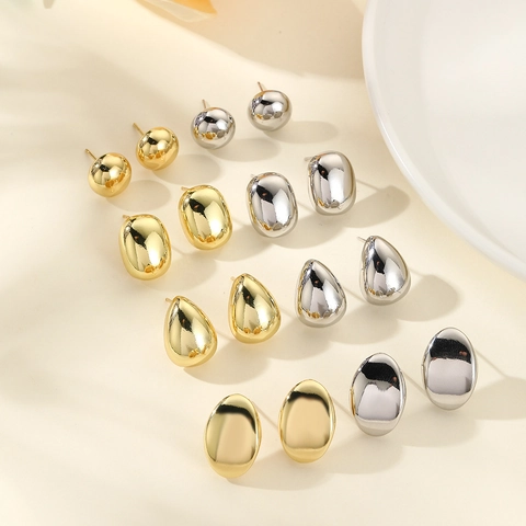 Minimalistische Geometrische Kupfer Ohrstecker Für Damen 18K Vergoldet Glatt Metallic Wassertropfen Oval Ball Schmuck