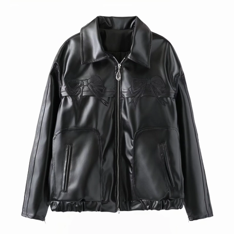 Chaqueta de Cuero Sintético para Mujer Negro Sweet Cool Bordado de Lazo Rosa Moto Streetwear Y2K Retro Solapa Cremallera Ropa de Abrigo