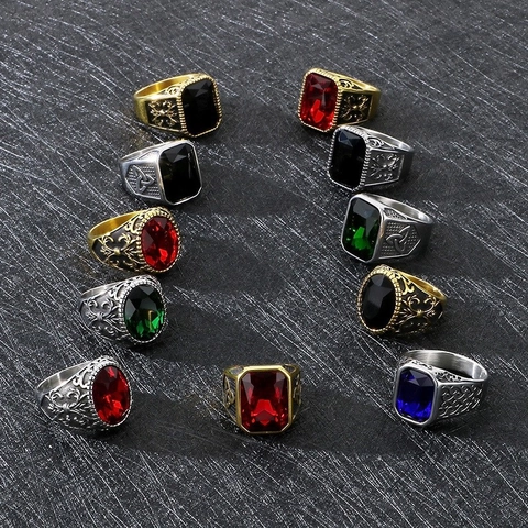 Anello Da Uomo Vintage In Acciaio Inossidabile Con Grande Gemma Sintetica Vichingo Gotico Hip Hop