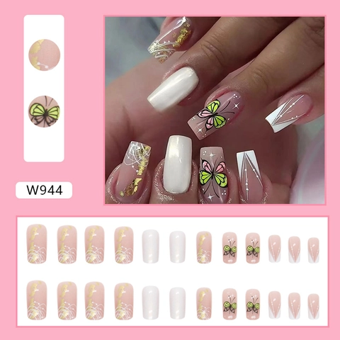 Unghie Finte Farfalla Aurora Foglia D'oro French Tip Forma Bara Dolce Elegante Per Donne