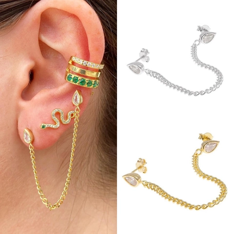Boucles d'Oreilles Chaîne Double Perçage en Cuivre et Zirconia Style Ins pour Femmes Élégant Pendentif Goutte d'Eau Bijoux