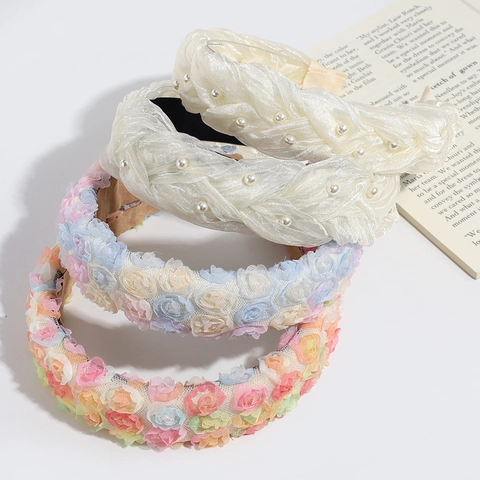 Elegant Padded Headband Braided Mesh Fabric Hair Hoop With Rhinestones And Artificial Pearls Vintage Sweet Style For Women