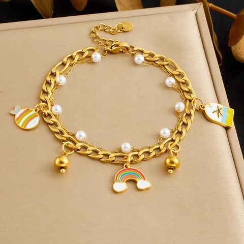 Layered Stainless Steel Bracelet Gold Plated Enamel Rainbow Tropical Fish Coconut Tree Charm Artificial Pearl Women Jewelry