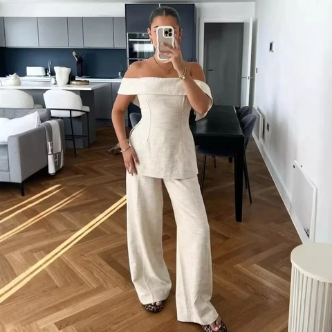 Damen Off Shoulder Bardot Top Und High Waist Weite Hose Elegant Sommer Urlaub Gewebte Leinenoptik Textur Apricot