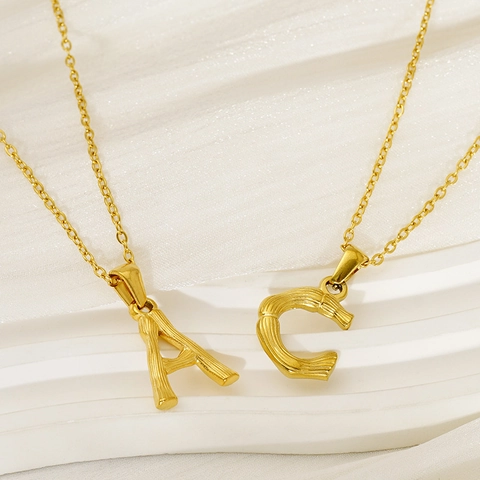 Initial Buchstaben Anhänger Halskette 18K Vergoldet Edelstahl Bambus Textur Hip Hop Personalisierter Schmuck Unisex