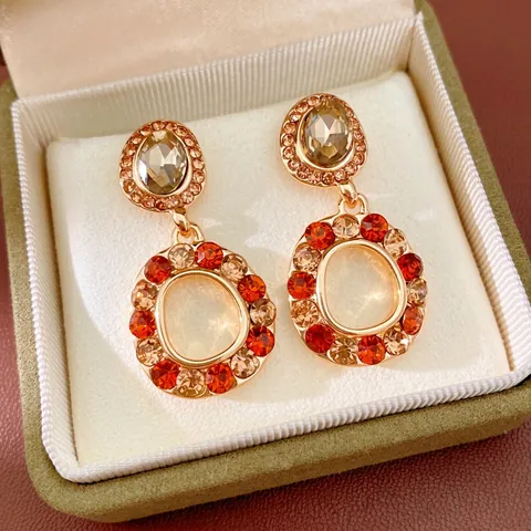 Vintage Round Hollow Rhinestone Drop Earrings With Silver Earring Post Alloy Luxury Retro Jewelry For Women
