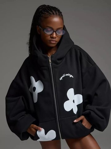 Women Hoodie Zip Up Hooded Cotton Polyester Floral Print Oversized Long Sleeve Streetwear Casual Sweatshirt