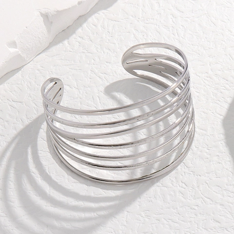 Brede Meerlaagse Lijn Armband Roestvrij Staal Minimalistisch Geometrisch Verstelbare Open Bangle Voor Dames