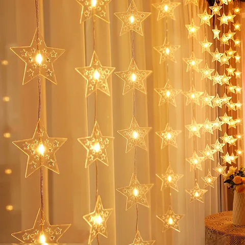 Star LED Curtain String Lights Plastic USB Battery Powered Remote Control Christmas Wedding Party Decoration Warm White