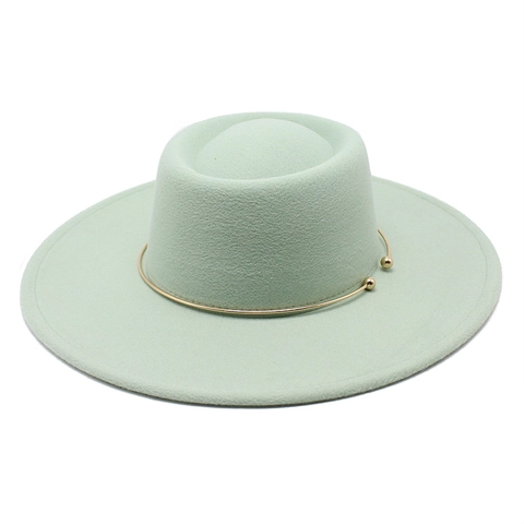 Wide Brim Fedora Hat Wool Felt Gold Metal Ring Decoration Flat Top British Style Elegant Solid Color Accessory