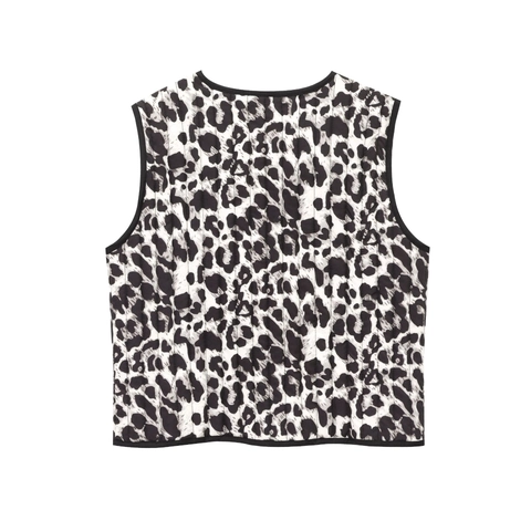 Leopard Print Quilted Vest Women Satin Bow Sleeveless Jacket Stand Collar Retro Casual Outerwear Polyester Zip Up Top