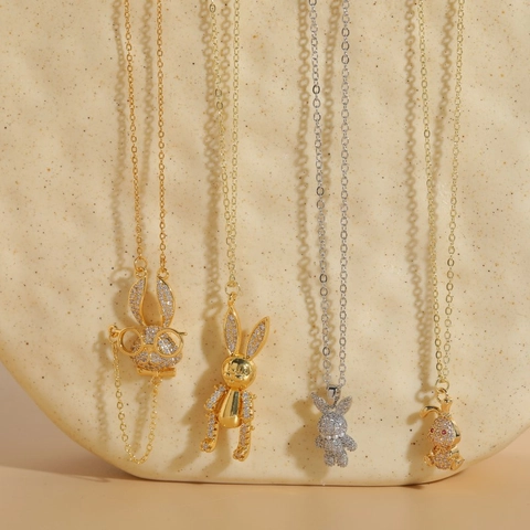 Collana Con Ciondolo Coniglio Carino Rame Placcato Oro 14K Zircone Intarsiato Gioielli Animali Moda Per Donne Ragazze