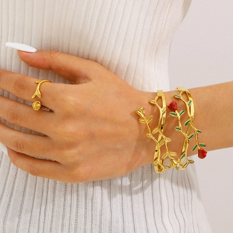 Open Armband En Ring Roos Doorn Wijnstok Roestvrij Staal 18K Verguld Waterdicht Hypoallergeen Elegante Sieraden