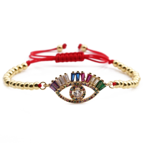 Evil Eye Bracelet Gold Plated Copper Colorful Cubic Zirconia Adjustable Handmade String Jewelry For Women