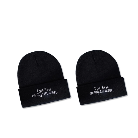 Acrylic Knitted Beanie Hat Warm Winter Cuffed Cap White Unicorn Lettering Embroidery Fashion Simple Unisex Black