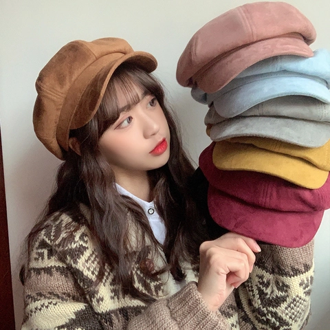Suede Newsboy Cap Retro Eight Panel Hat Solid Color Autumn Winter Windproof Fashion For Women