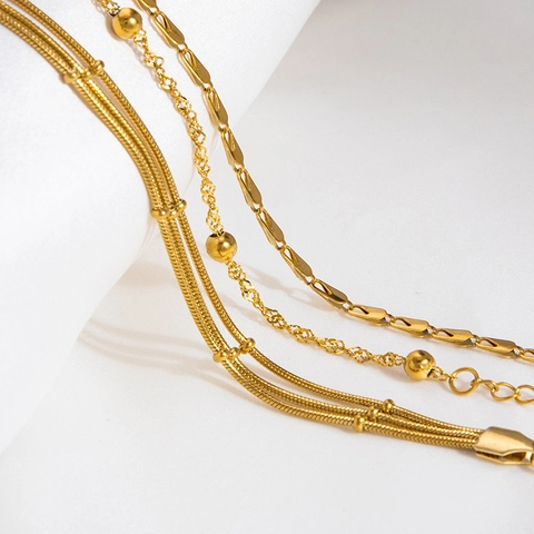 Pulsera de Acero Inoxidable Minimalista Chapada en Oro de 18K Cadena de Serpiente Multicapa Con Cuentas Redondas Joyería Elegante Mujer