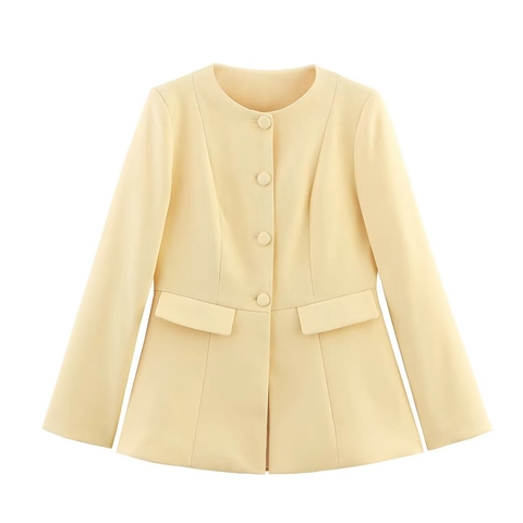 Blazer Para Mujer Chaqueta Cuello Redondo Manga Larga Botonadura Sencilla Color Sólido Poliéster Otoño Moda