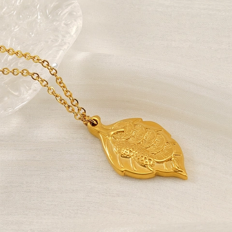 Leaf Pendant Necklace Stainless Steel 18K Gold Plated Lucky Inscription Minimalist Jewelry For Women