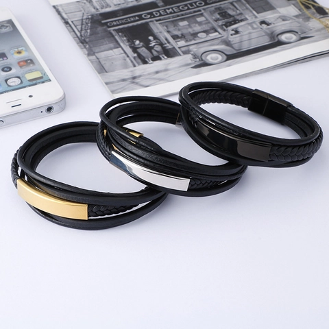 Bracciale In Pelle Intrecciata Multistrato Con Chiusura Magnetica In Acciaio Inossidabile Piastra Metallica Geometrica Gioielli Da Uomo