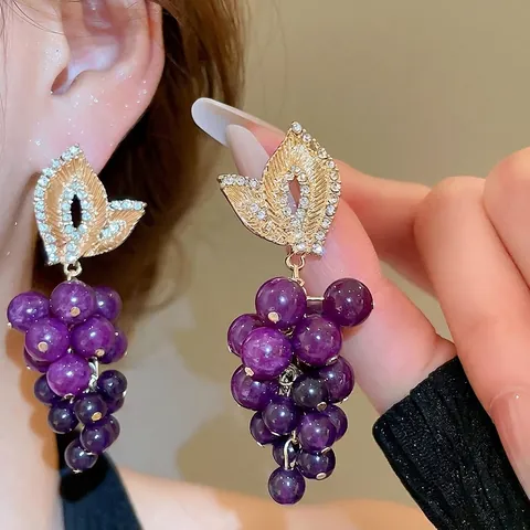 Grape Cluster Dangle Earrings 925 Sterling Silver Earring Post Purple Beads Alloy Leaf Rhinestones Vintage Jewelry Women